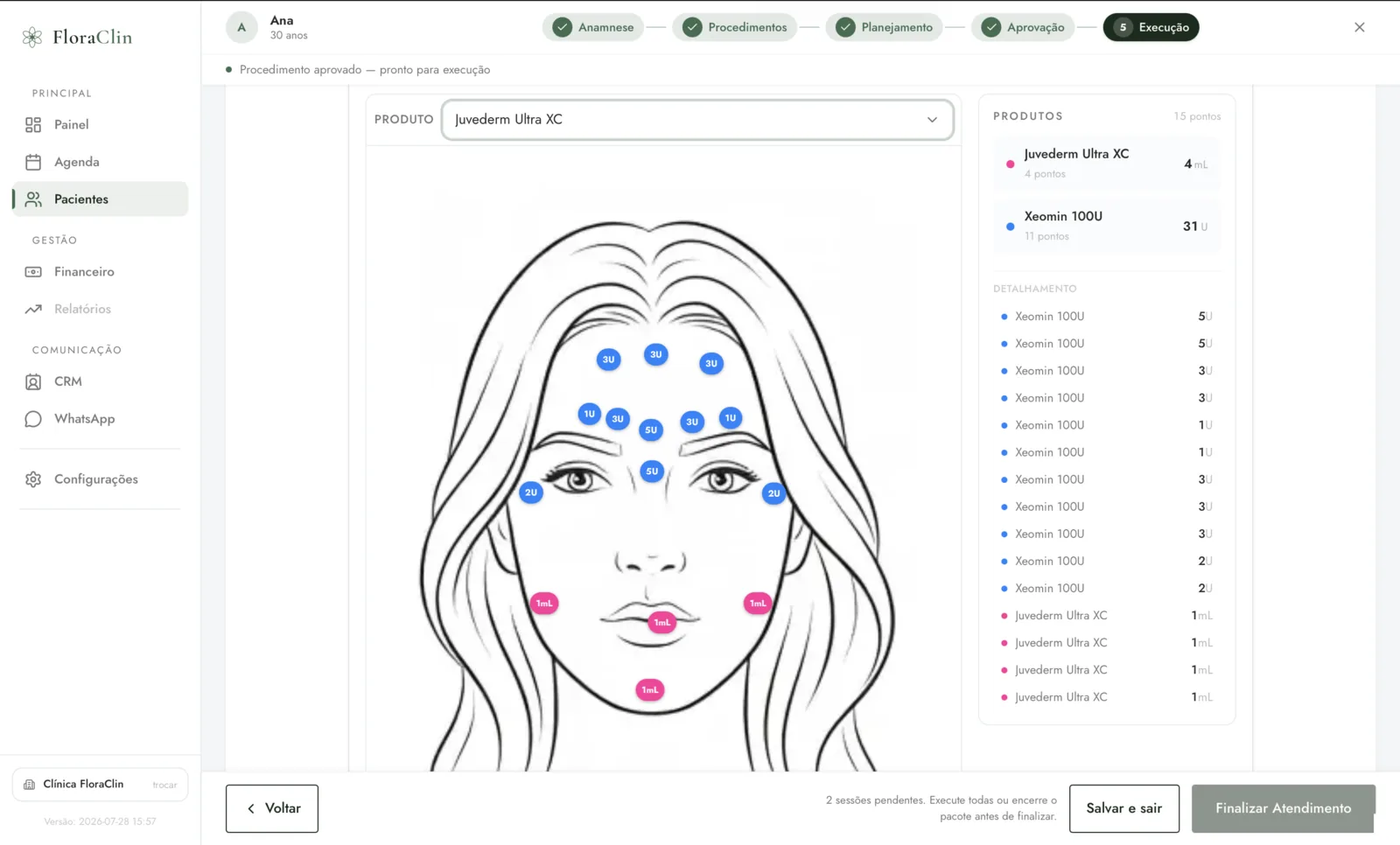 Tela de execução do FloraClin com o diagrama facial e os pontos de aplicação marcados por produto e dose